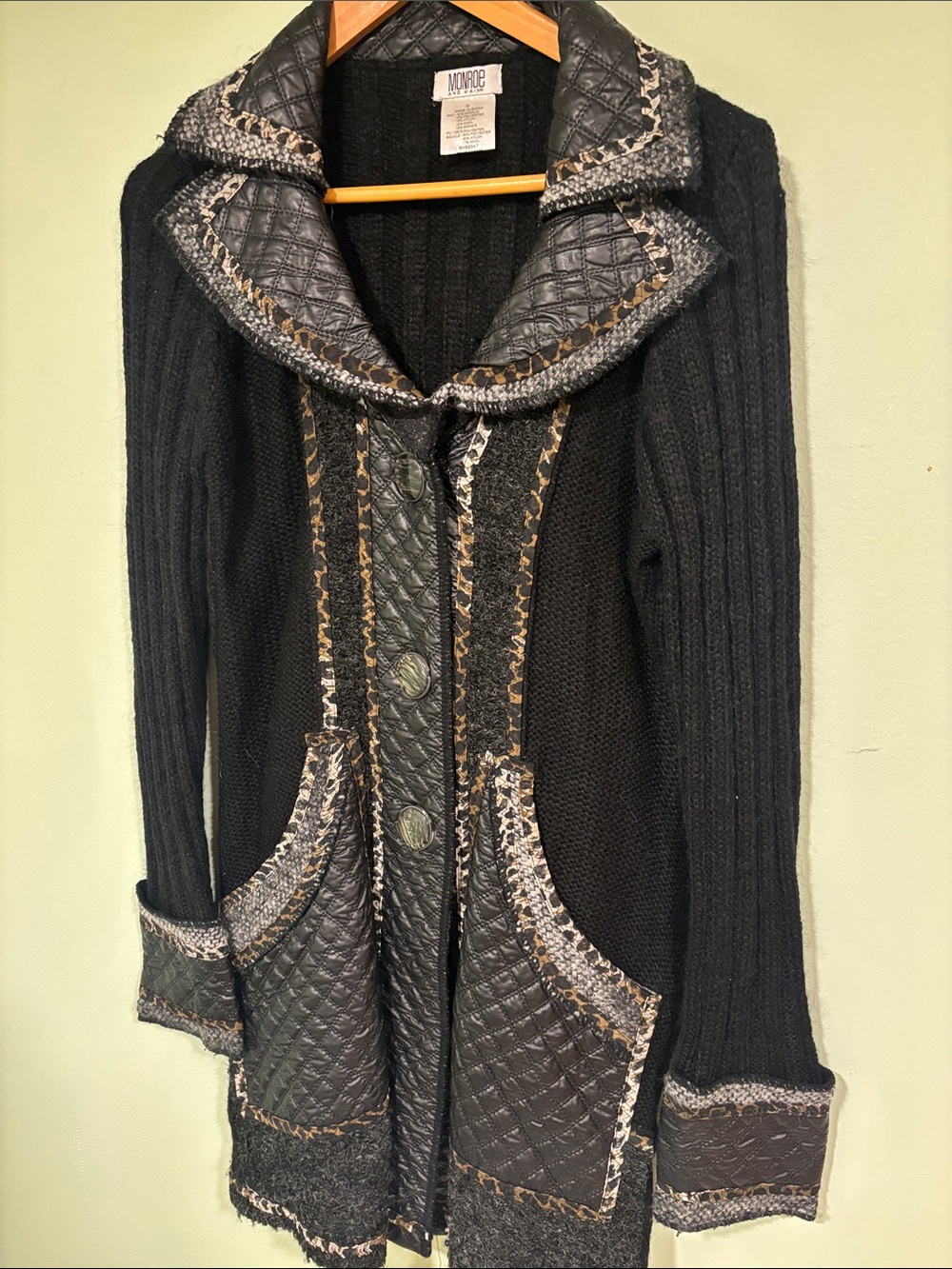 Monroe & Main Black Quilted-Trim Knit Cardigan with Leather-Look Accents